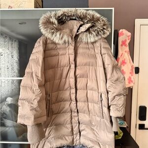 Women's Tan Puffer Coat with Real  Fur Hood